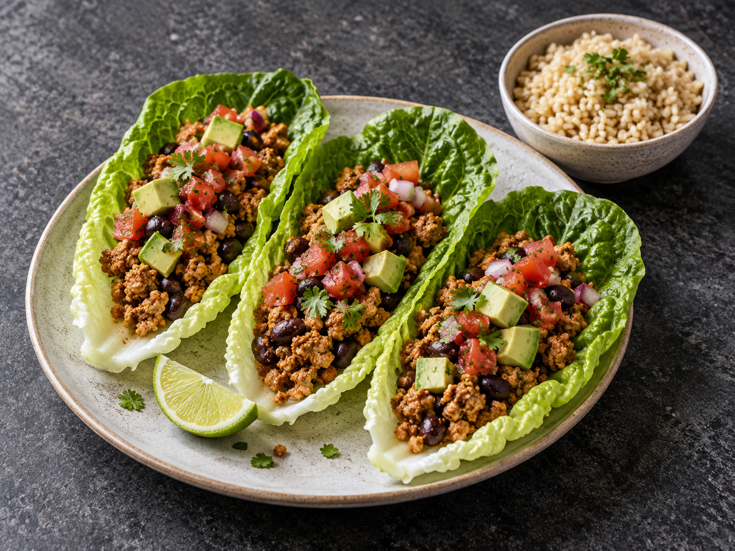 Three turkey taco lettuce boats with black beans, avocado and salsa, with a bowl of rice alongside