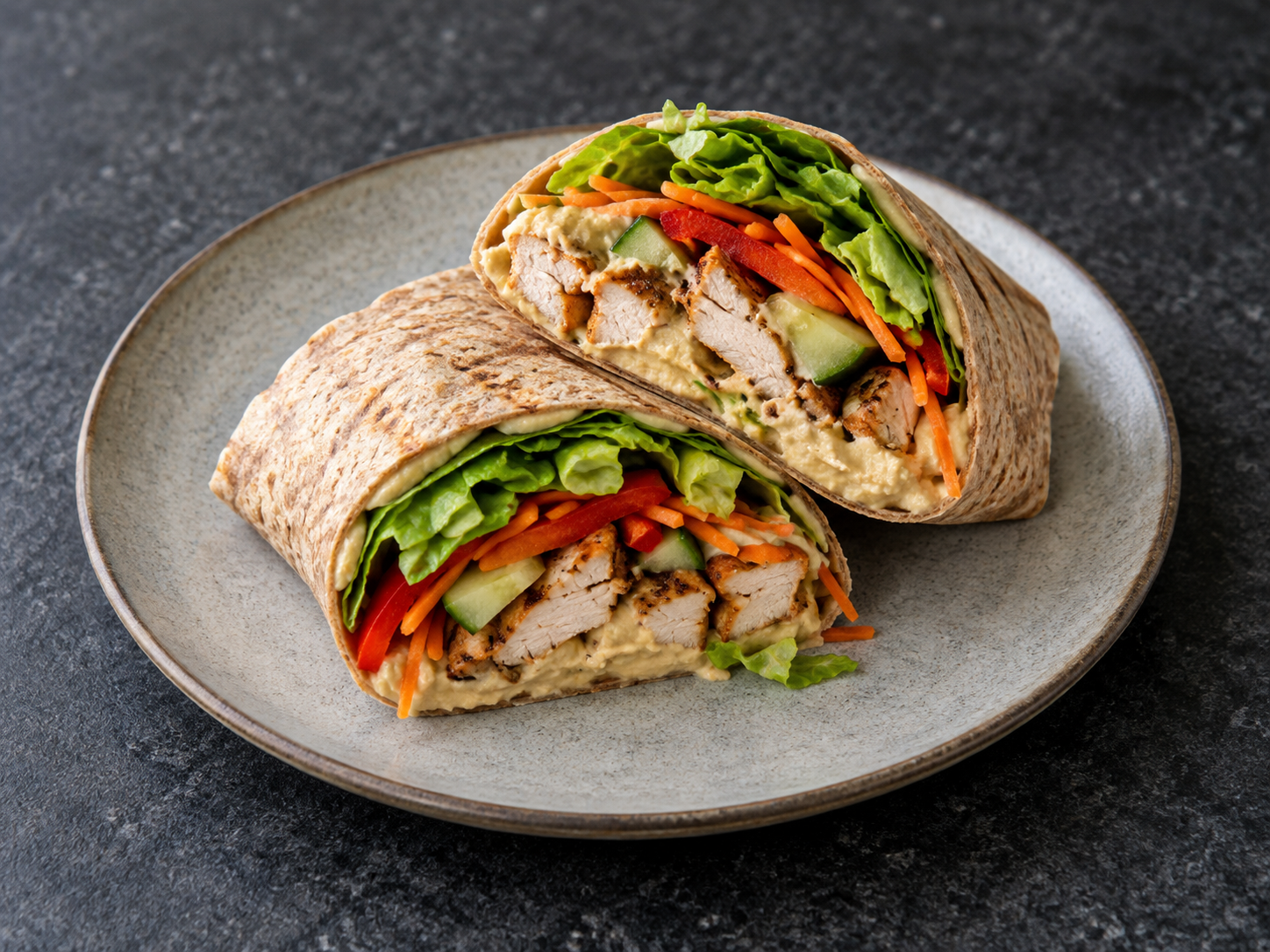 A halved hummus and chicken crunch wrap filled with salad vegetables