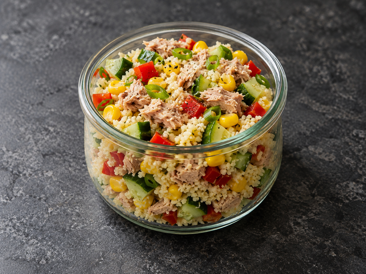 A glass jar of tuna crunch couscous with sweetcorn, cucumber, red pepper and spring onion