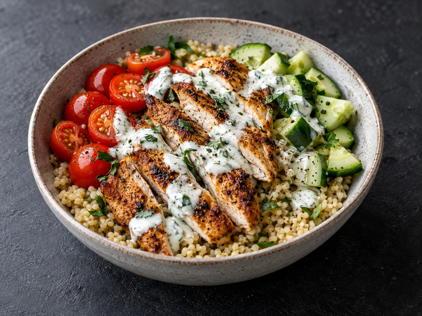 A Greek yoghurt chicken power bowl with grains, salad vegetables and a yoghurt dressing
