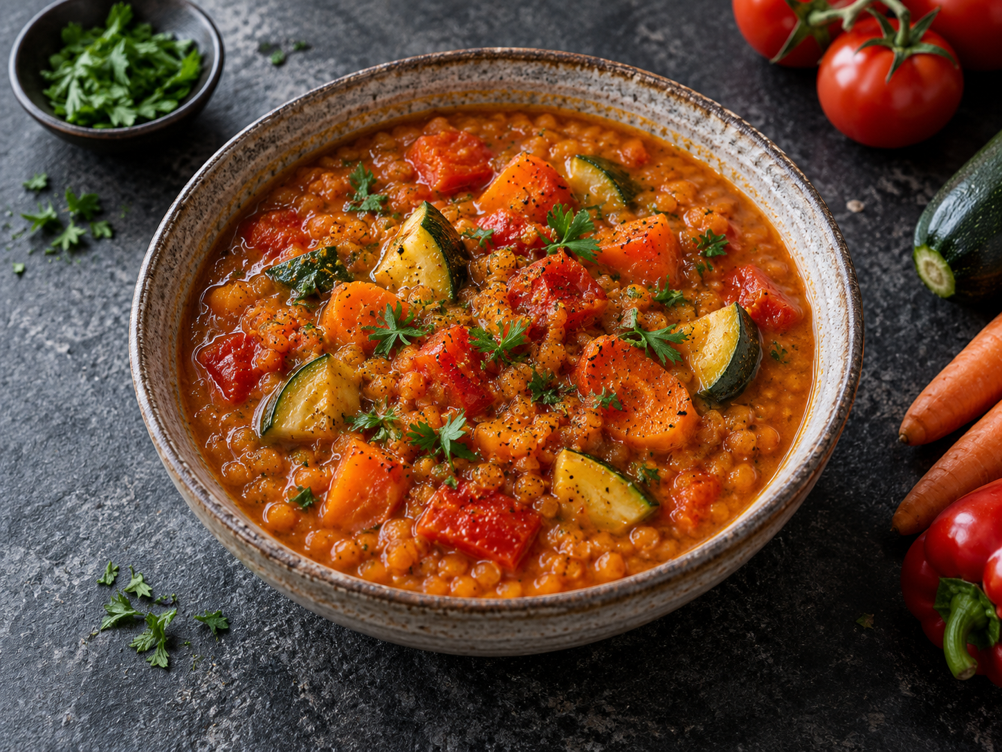 A bowl of roasted vegetable and lentil soup with a swirl of herbs