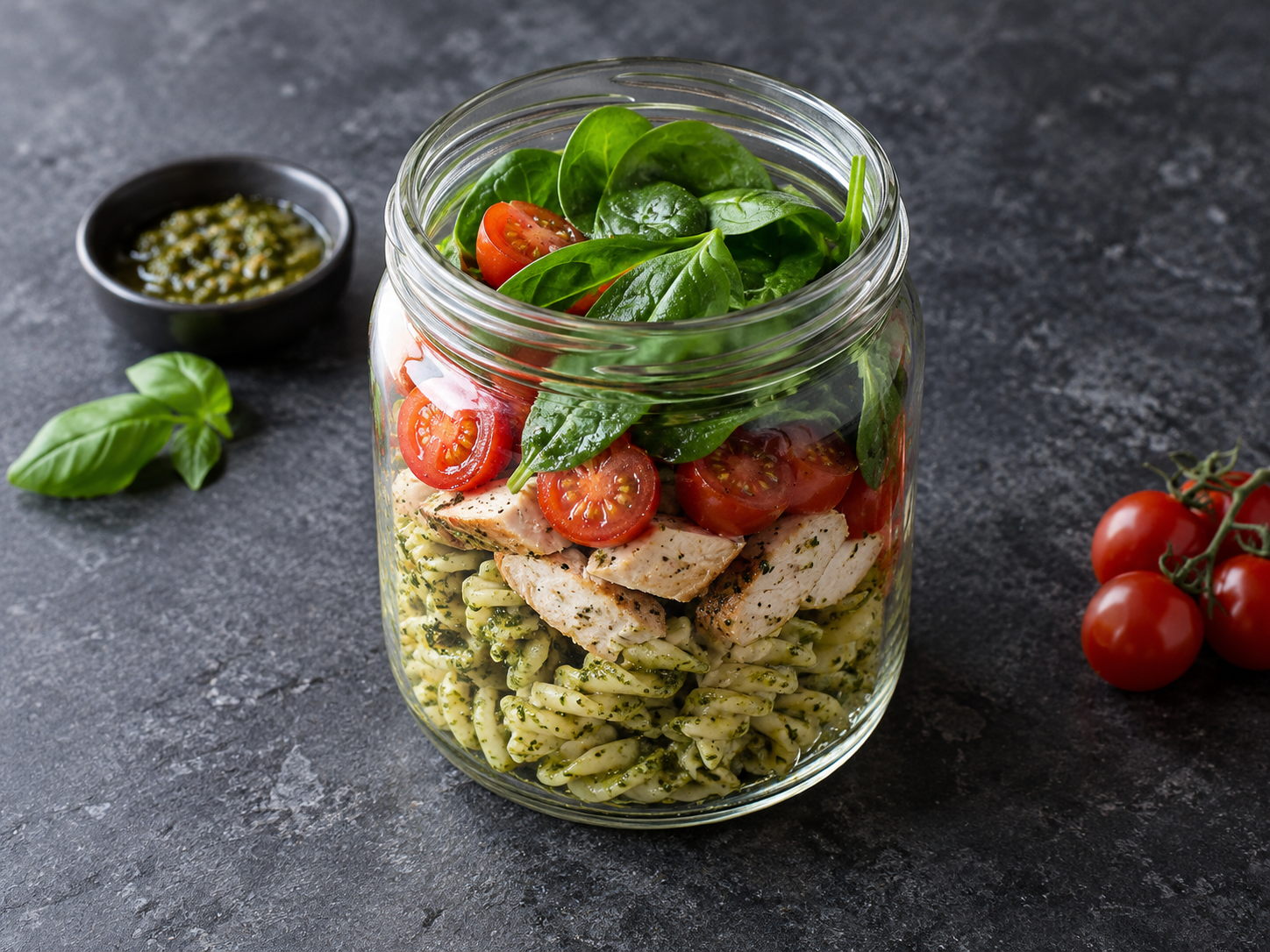 A layered jar of pesto chicken pasta salad with tomatoes and spinach