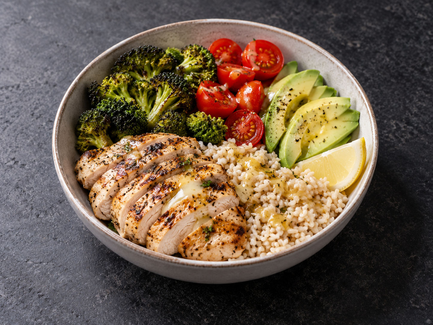A build-a-bowl chicken grain bowl with sliced chicken, grains, vegetables and dressing