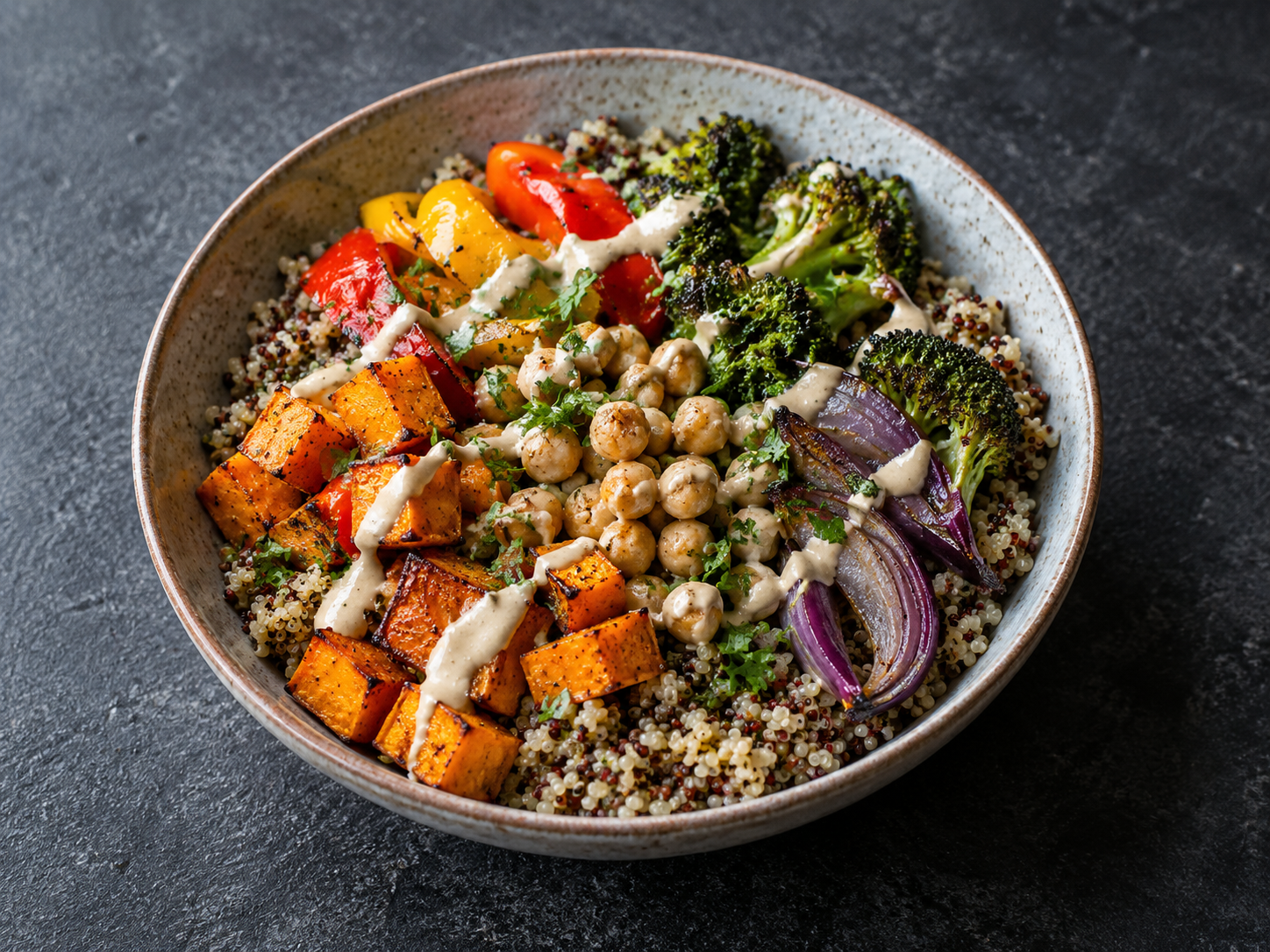 A tray of roasted rainbow vegetables with quinoa