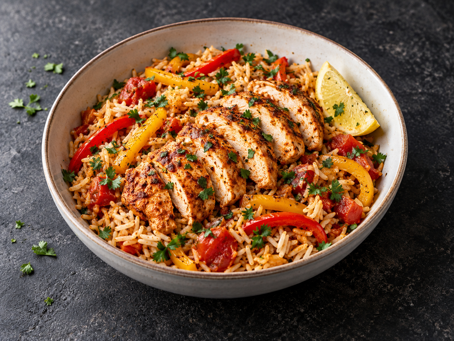 A bowl of smoky chicken and pepper rice with red and yellow peppers, tomatoes, coriander and a lemon wedge