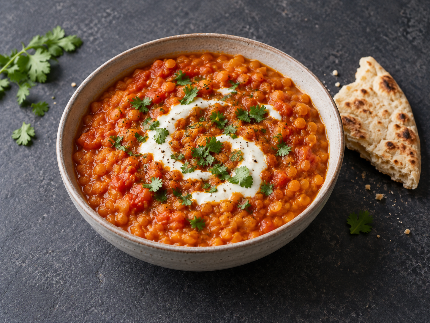 A bowl of tomato and red lentil dahl with rice and fresh coriander