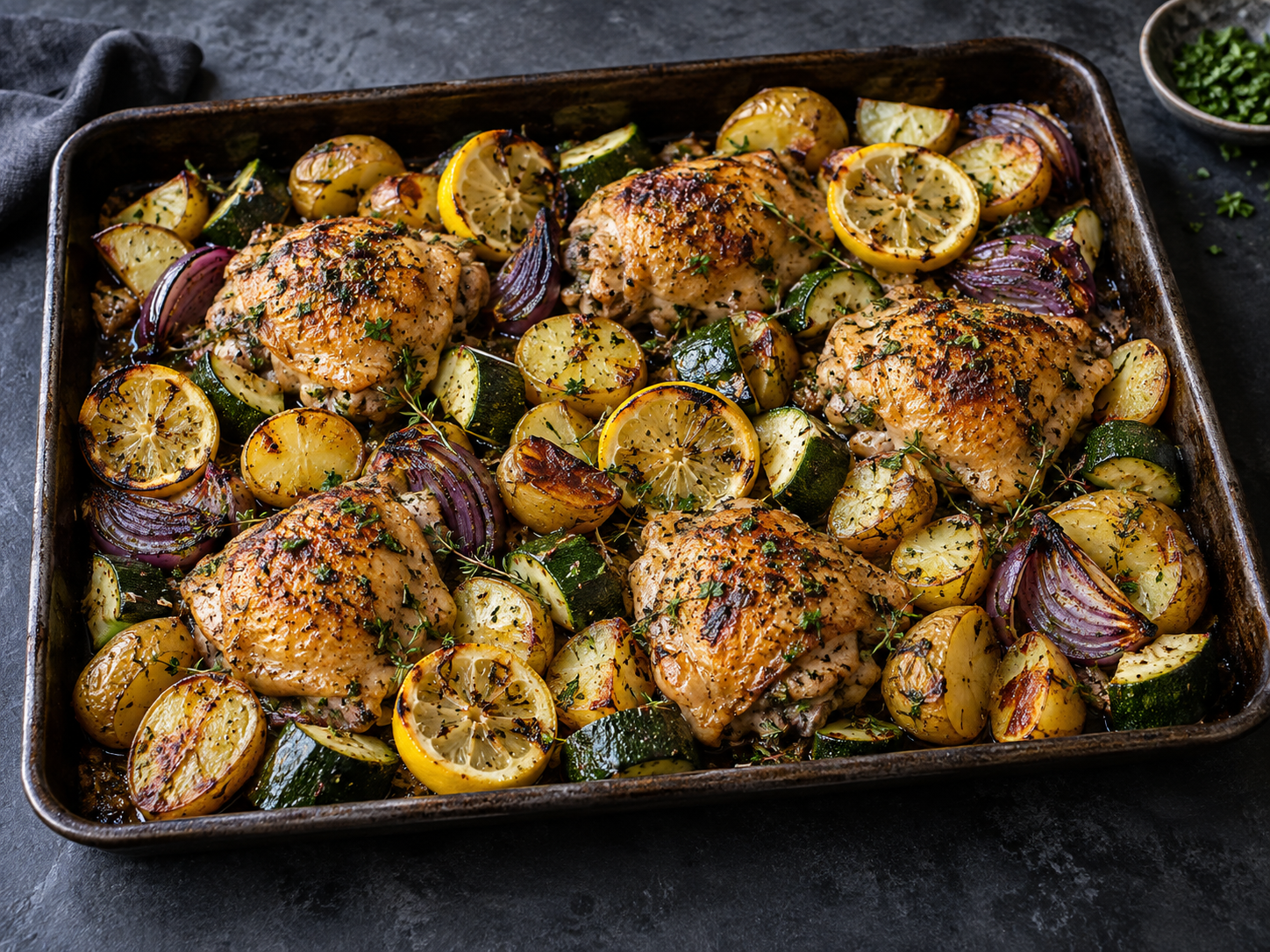 A lemon and herb chicken traybake with roasted vegetables and lemon slices