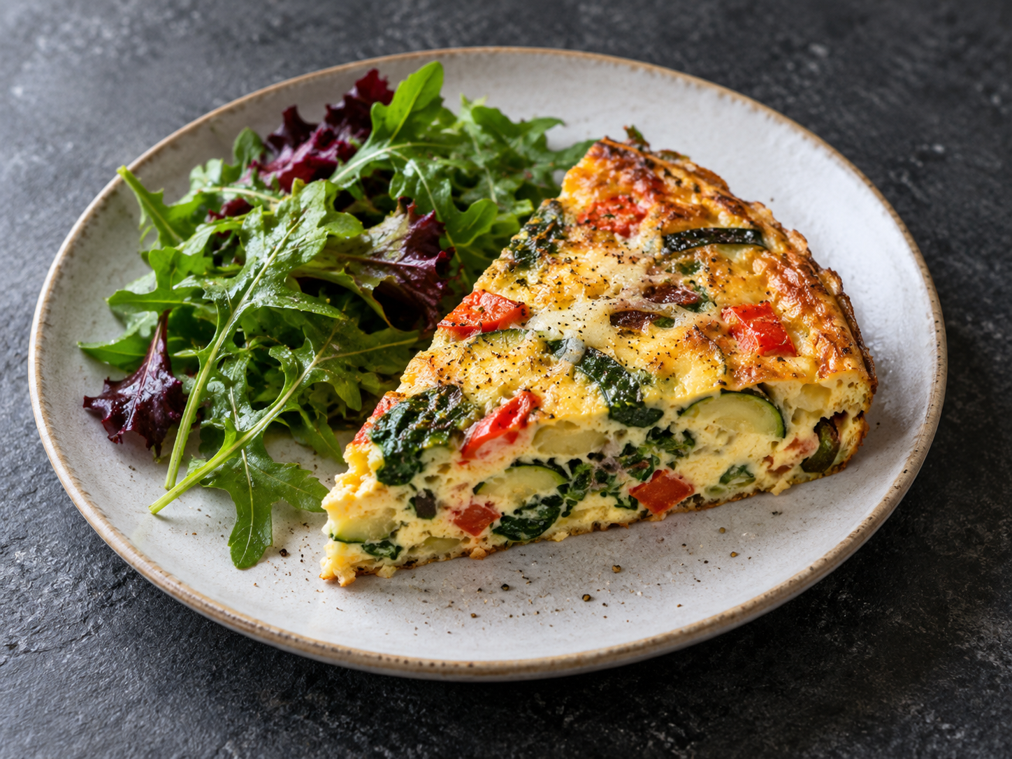 A sliced vegetable frittata in a pan, filled with peppers, courgette and onion