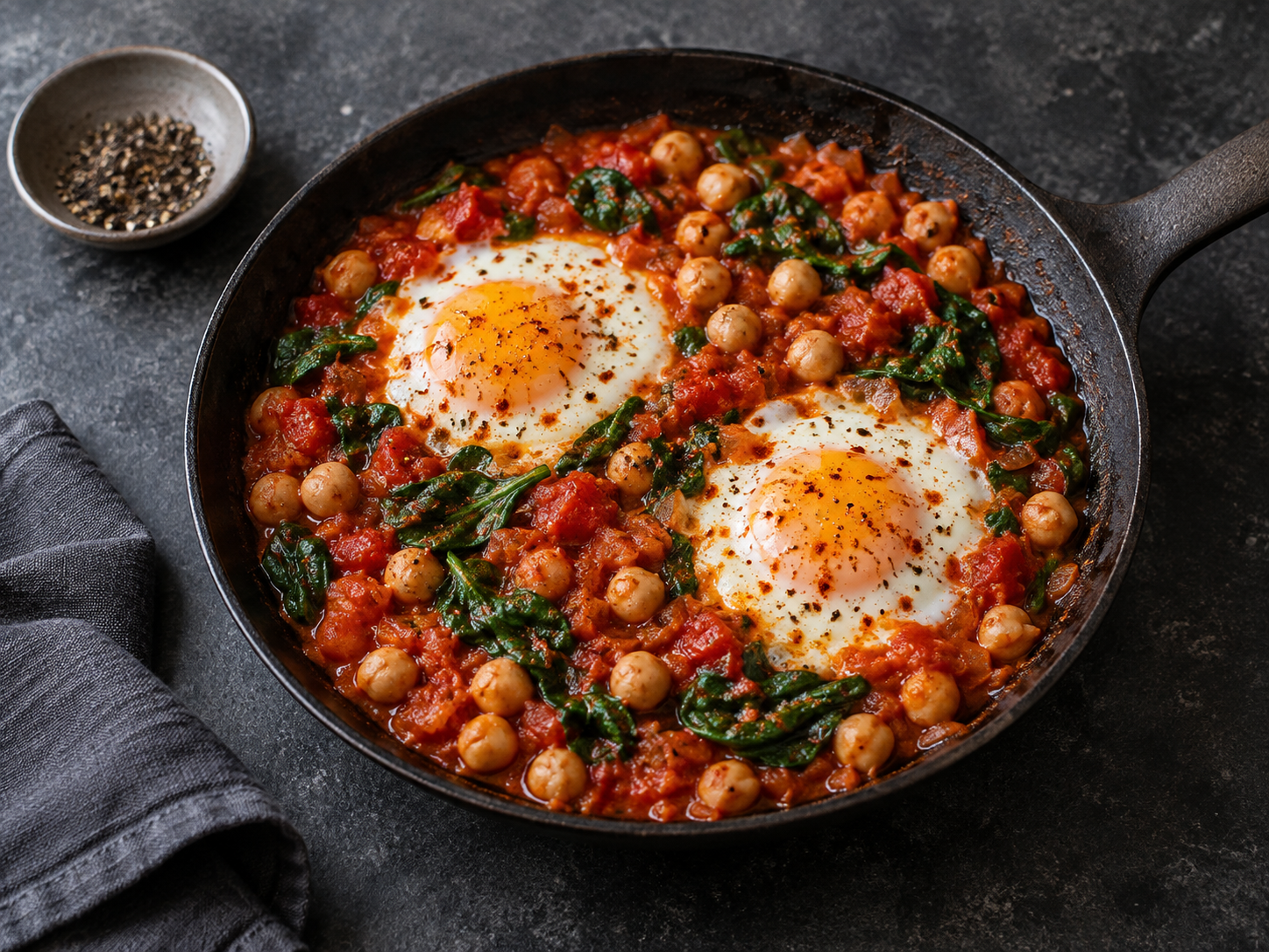 A pan of tomato and chickpea stew with baked eggs and fresh herbs
