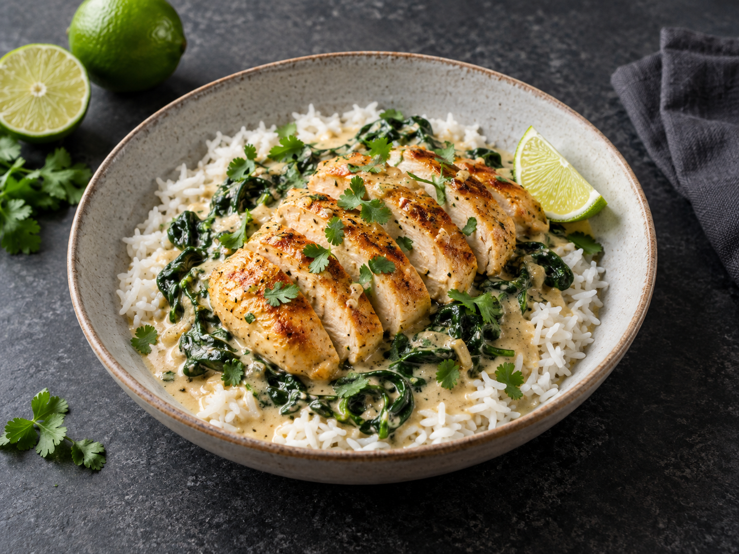 A bowl of sliced coconut chicken with spinach in a creamy sauce over lime rice, with coriander and a lime wedge