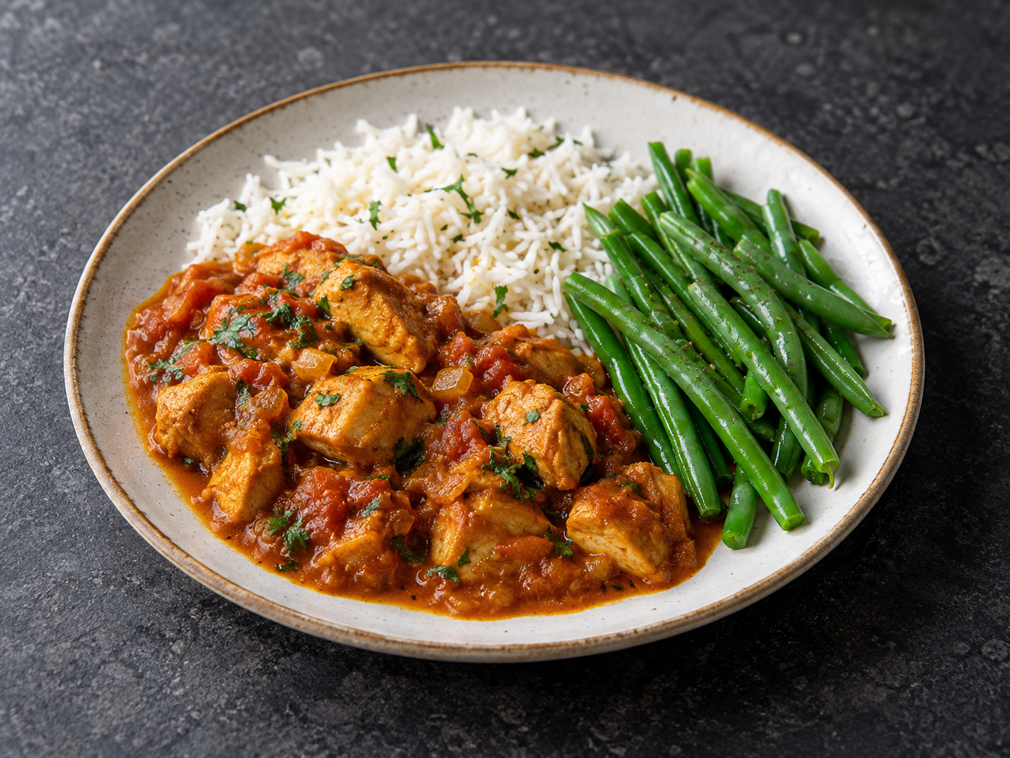 A hand-measured plate of chicken curry with rice and vegetables
