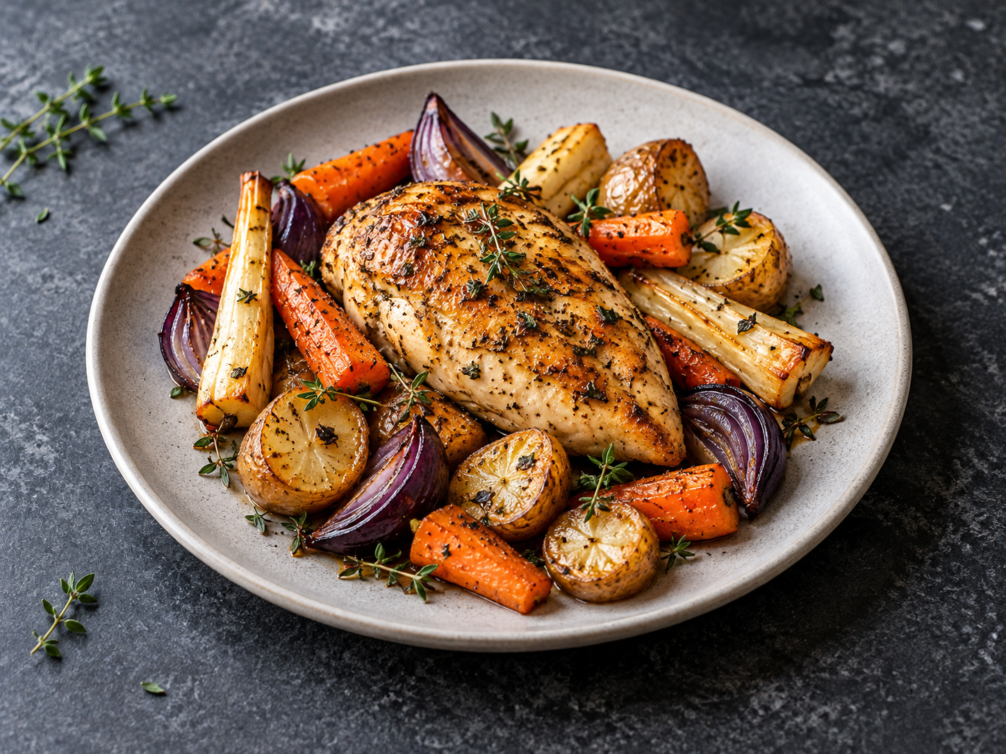 A roasting tray of chicken thighs with carrots, parsnips and potatoes