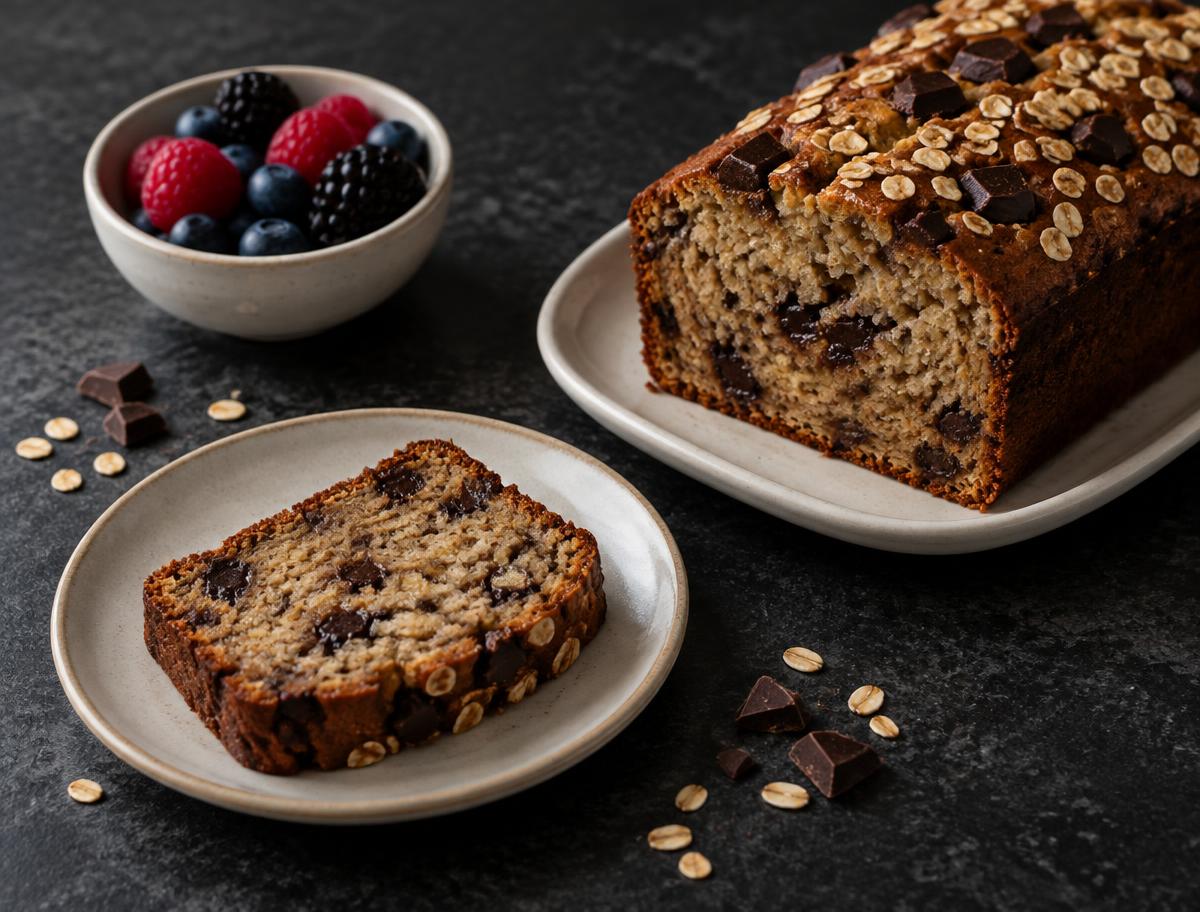 A sliced banana and oat loaf cake with dark chocolate chunks on cream ceramic plates on a dark grey worktop