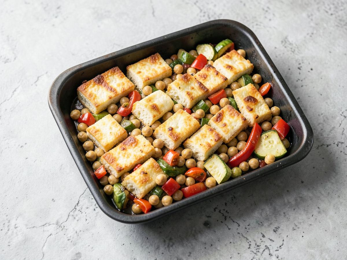 A roasting tray of golden halloumi with chickpeas, peppers and courgette