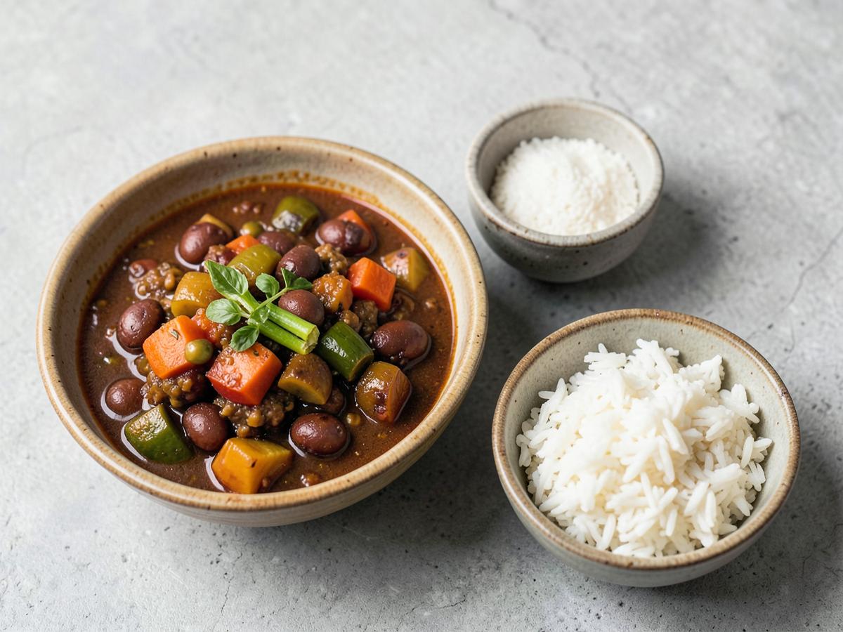A pan of smoky bean and vegetable chilli served with a bowl of rice