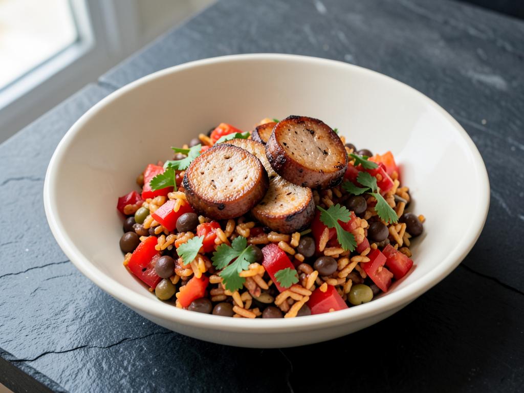 A cream bowl of smoky sausage, bean and pepper rice on a dark grey worktop