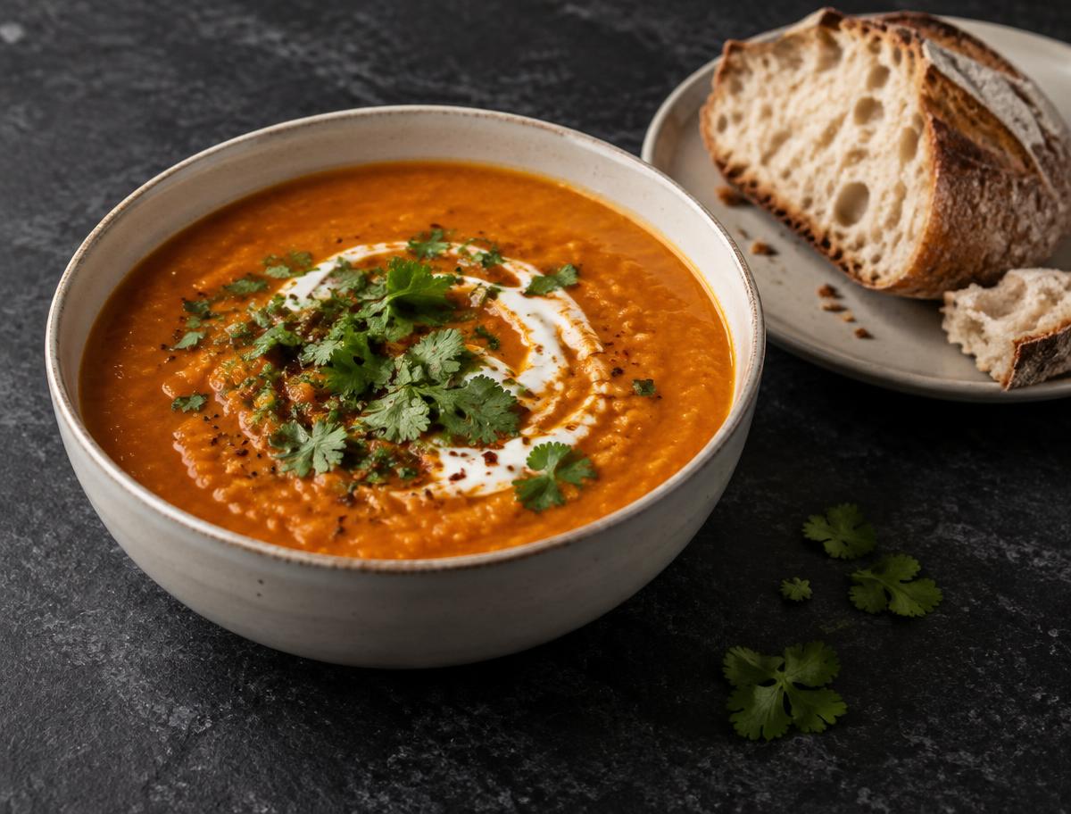A cream bowl of spiced carrot and red lentil soup with coriander and crusty bread on a dark grey worktop